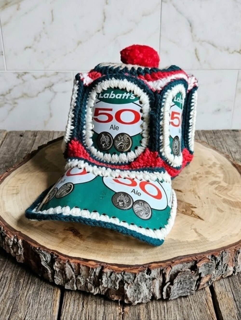 VTG Labatt 50 Beer Can Crochet Hat - 70's Canadiana - Rare